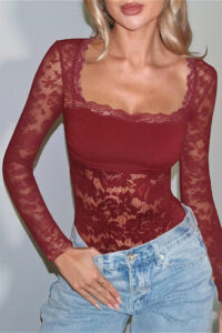 Paneled Lace Square Neck Cutout Slim Long Sleeve Tee