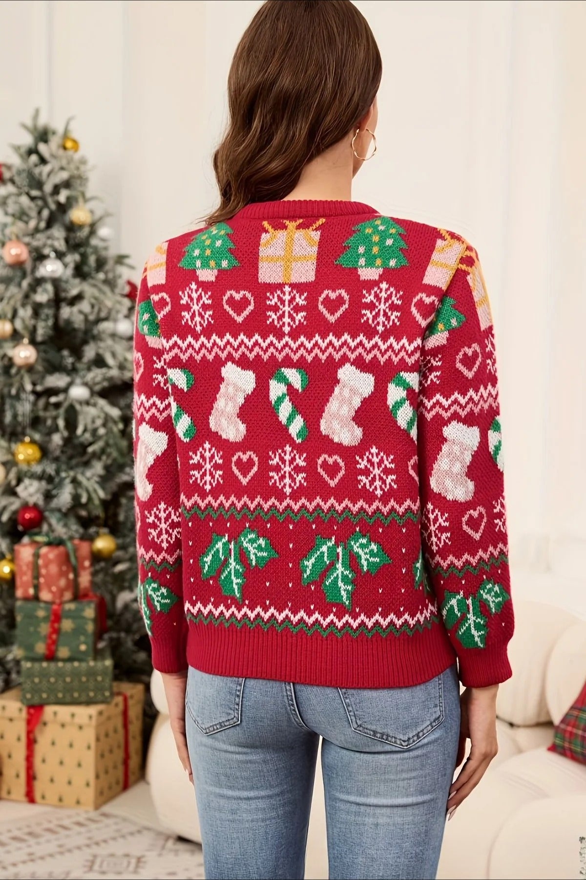 Stocking Snowflake Loose Color Block Crew Neck Sweater